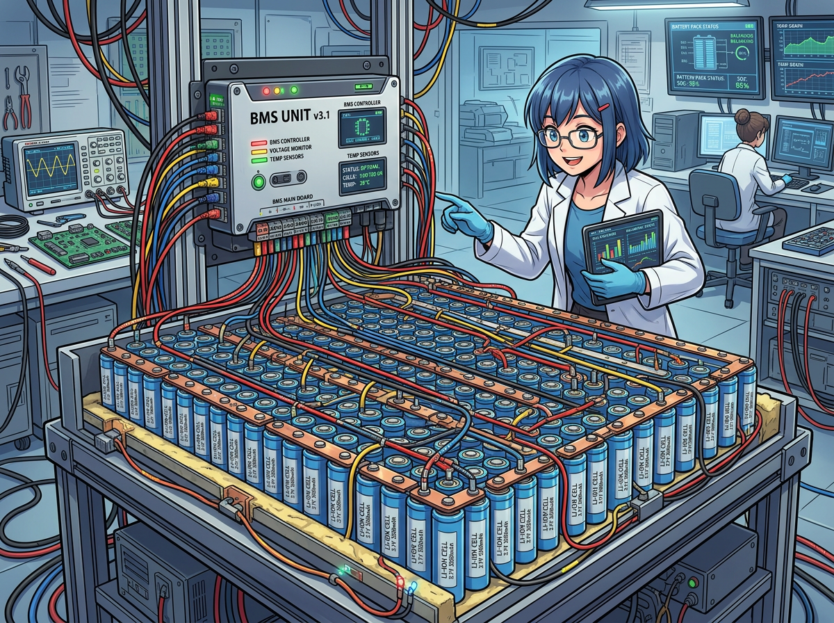 Engineer examining battery pack connected to BMS UNIT v3.1 controller